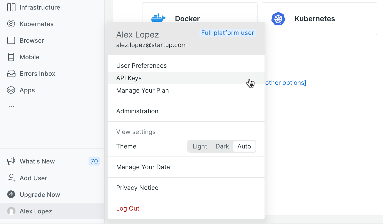 New Relic API keys page